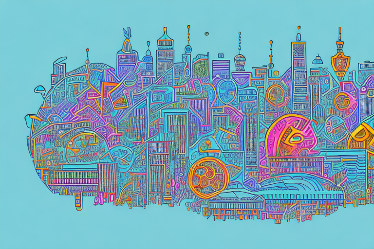 A vibrant digital cityscape with various symbolic internet-related elements