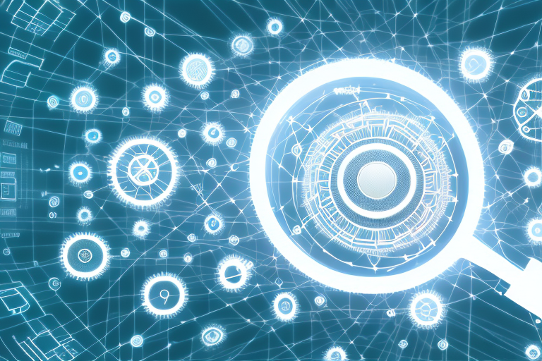 A digital landscape representing the internet with various symbolic elements like a magnifying glass