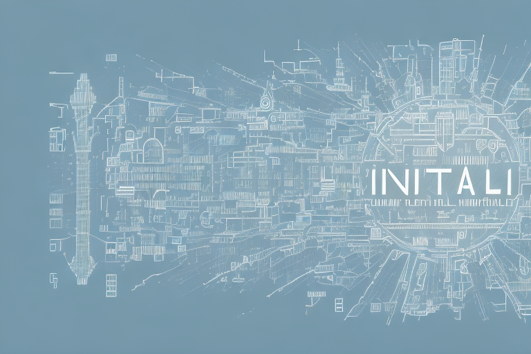 A digital cityscape with various symbolic elements like a mouse cursor