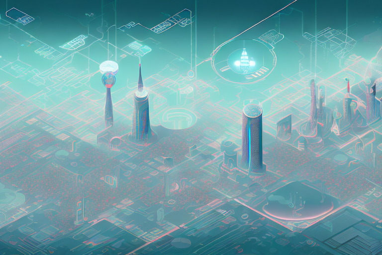 A digital cityscape with various symbolic internet and technology elements