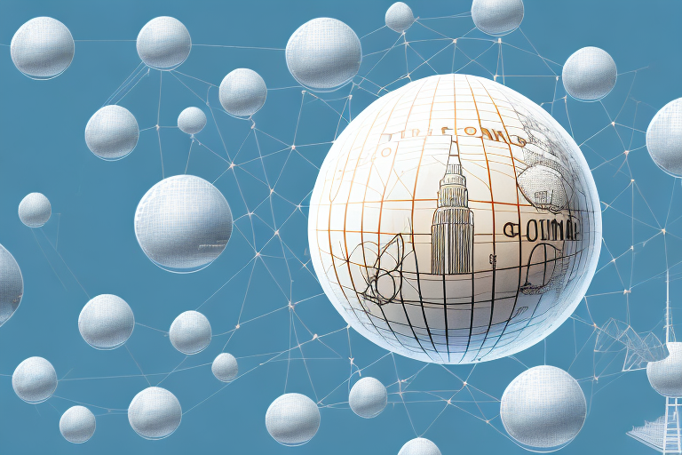 A symbolic representation of the internet (like a globe with network connections) over a scenic view of töging am inn