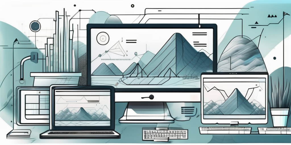 A modern digital landscape with various abstract elements symbolizing different aspects of frontend web development like coding