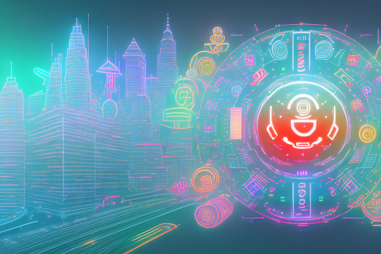 A vibrant digital cityscape with various symbolic internet icons and elements