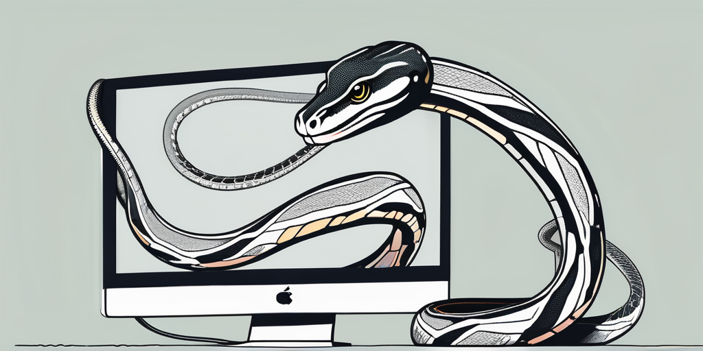 A python snake entwined around a computer monitor displaying lines of code