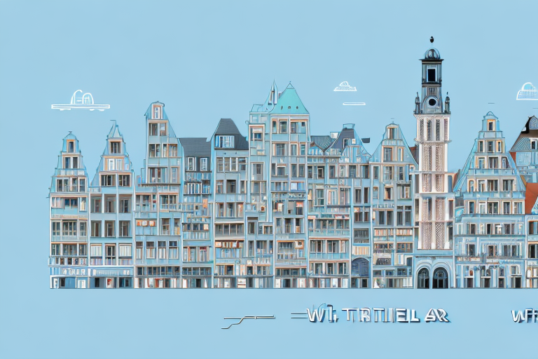 A cityscape of trier with various digital symbols such as wifi signals