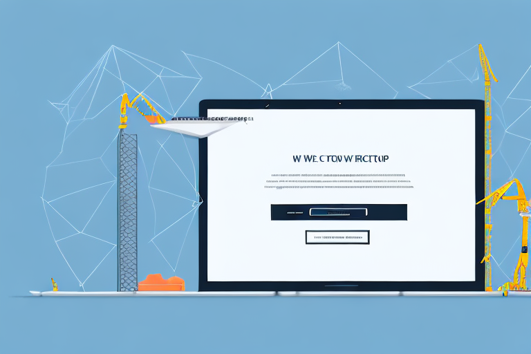 A laptop with a construction crane building a website on the screen