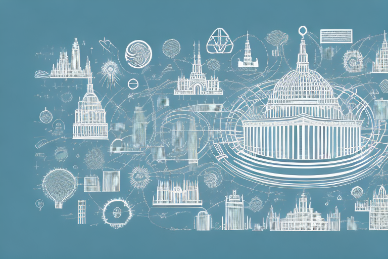 A digital landscape with various symbolic buildings representing different internet agencies