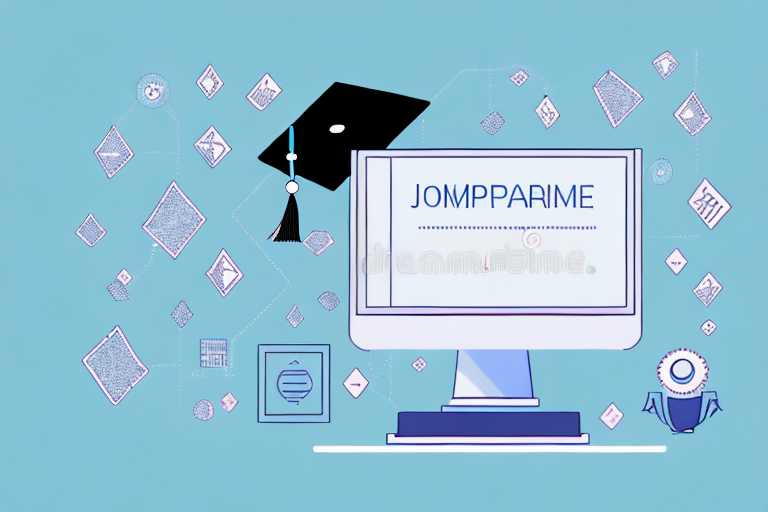 A computer with coding symbols and a graduation cap on top