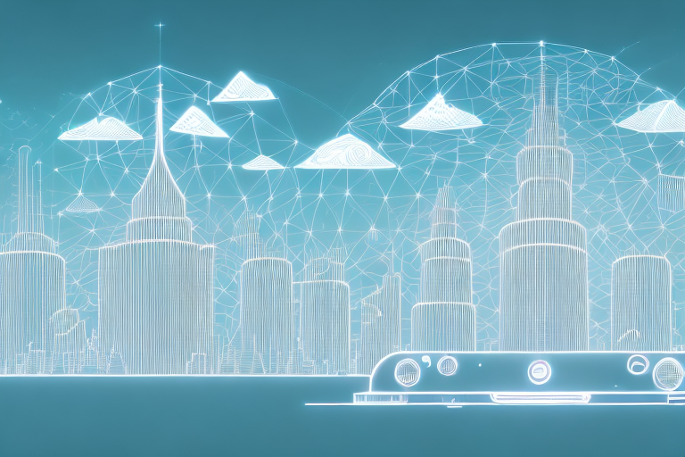 A digital landscape with various symbolic elements like a computer