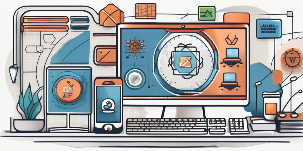 A desktop computer displaying a joomla interface with various web development tools and elements