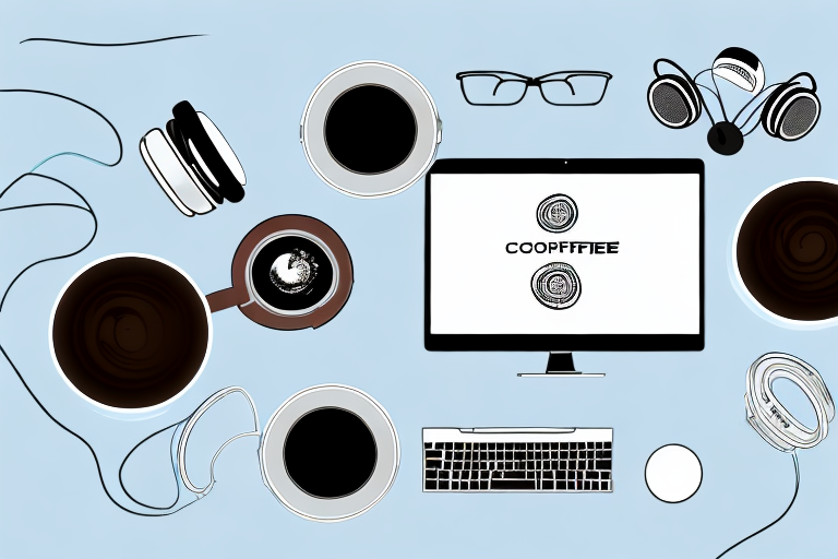 A workspace featuring a laptop with coding symbols on the screen