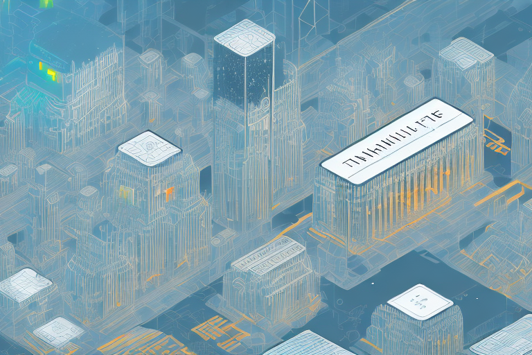A digital cityscape with prominent internet symbols