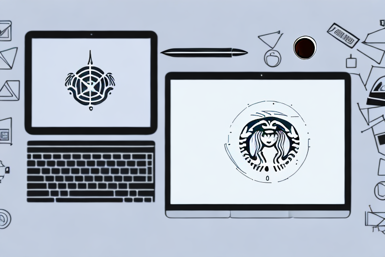 A laptop with various coding symbols and elements