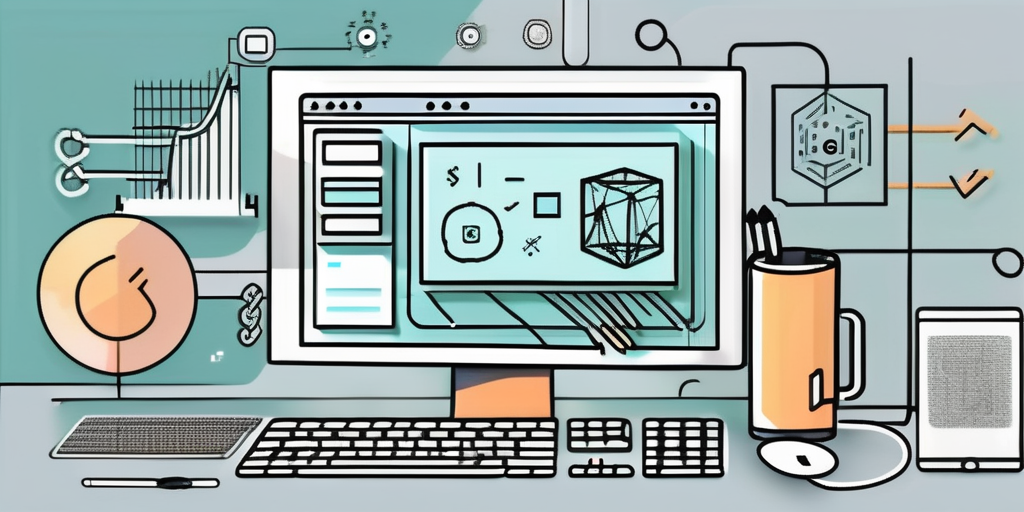 A desktop computer with coding symbols and a web app interface on the screen