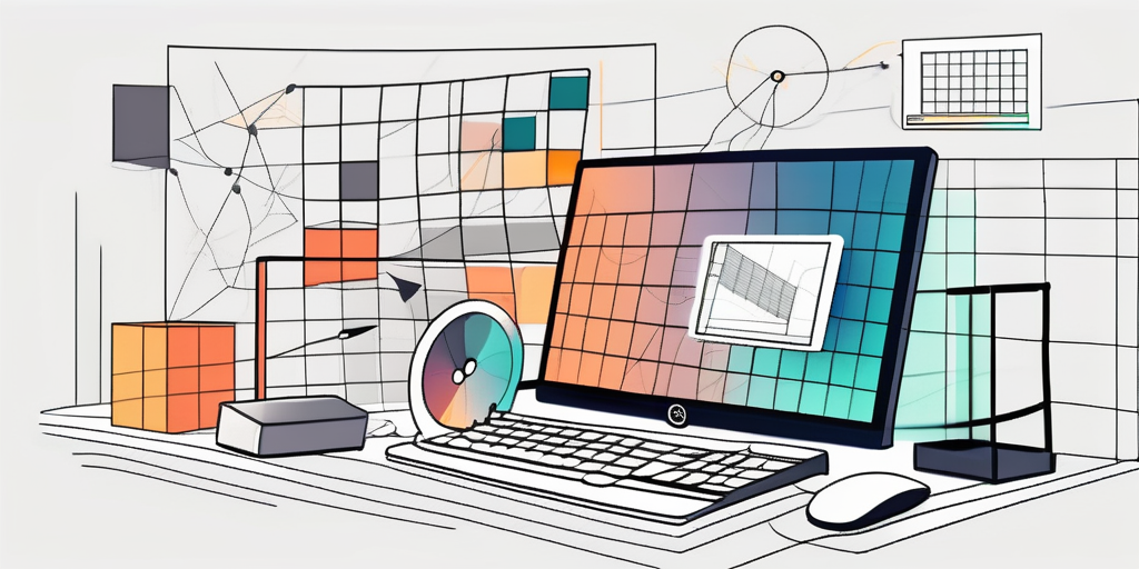 A desktop computer with various design elements like color palettes