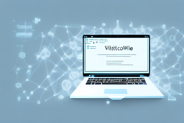 A laptop with various coding elements like brackets