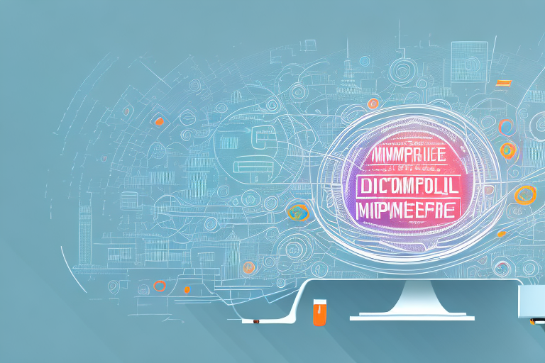 A vibrant digital cityscape with various symbolic elements like computer mouse
