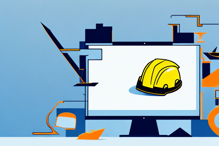 A desktop computer with a construction helmet on top