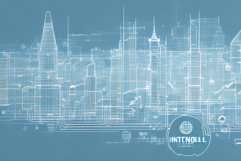 A digital cityscape with various symbolic internet elements like data streams