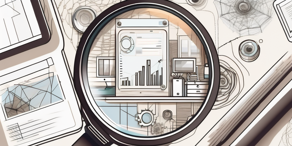 A magnifying glass hovering over a digital screen with various web design elements