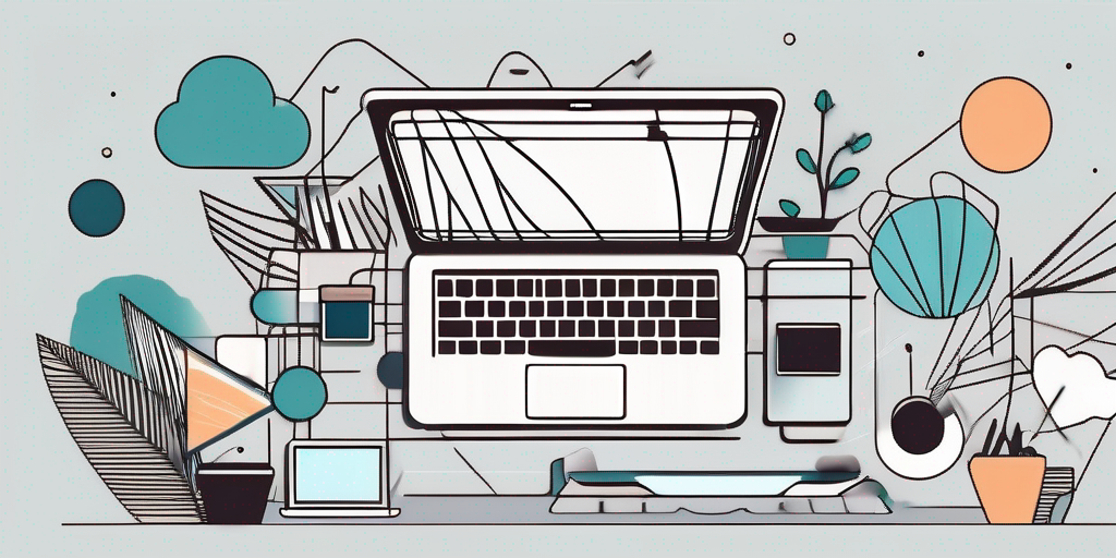 A laptop with various web design elements floating around it