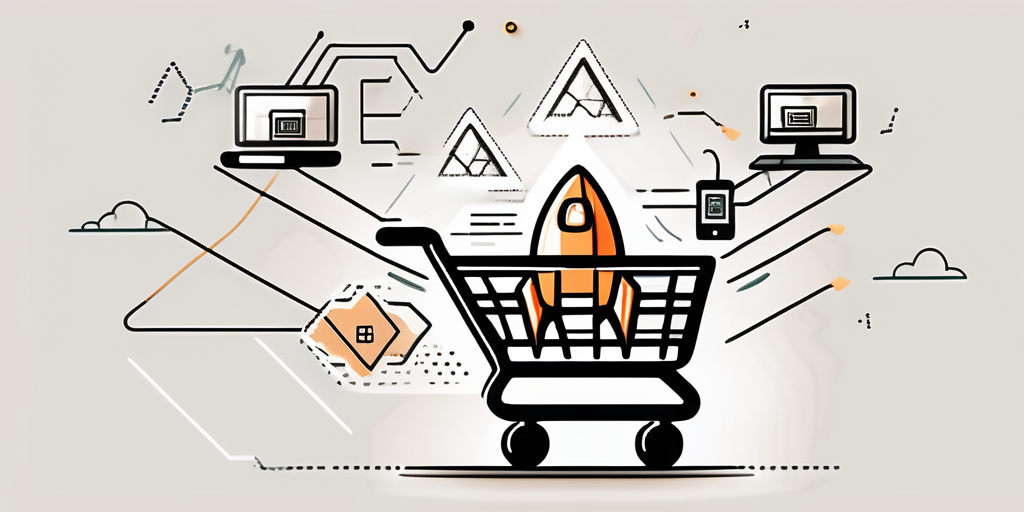 A shopping cart symbol ascending like a rocket with various web design tools and symbols being affected by its trail