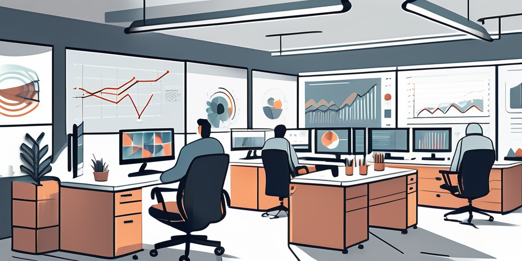 A web design agency's office space with multiple screens displaying various aspects of content strategy like infographics