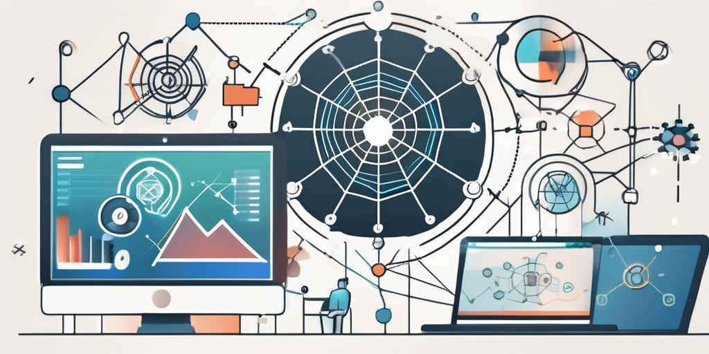 A web connected to various digital marketing tools and symbols