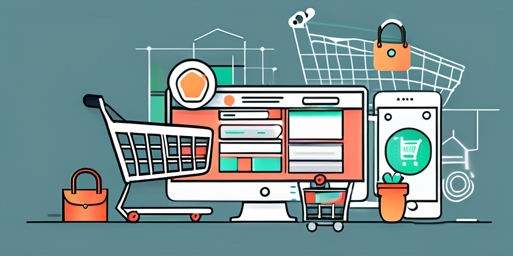 A vibrant digital marketplace with various elements like shopping carts