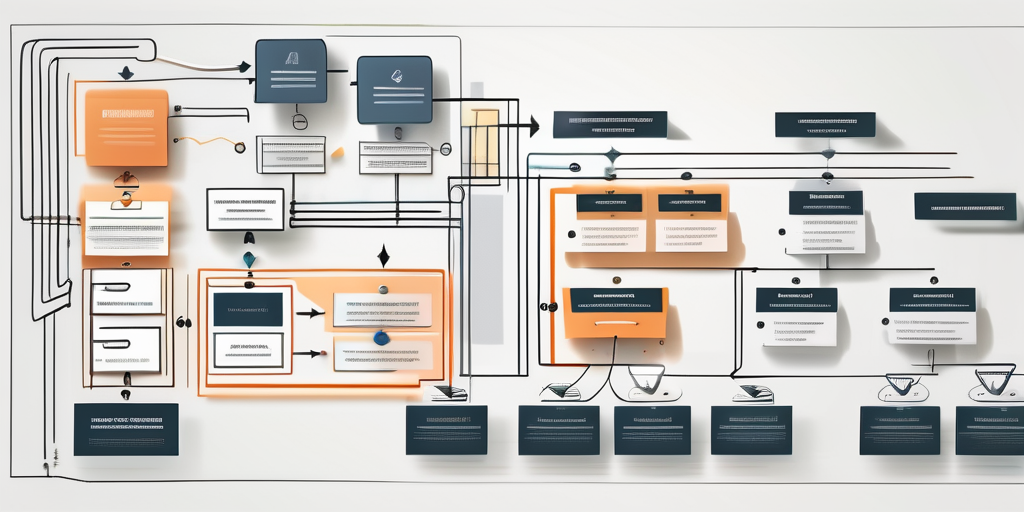A creative process flowchart with various web design elements like layout grids