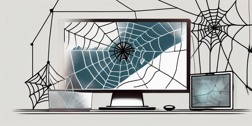 A spider web with various digital tools like a mouse