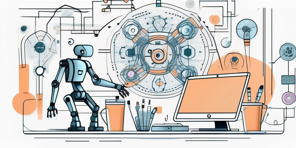 A digital canvas being manipulated by robotic arms