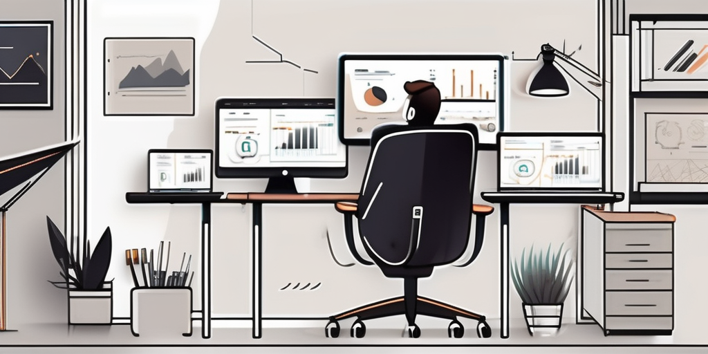 A modern web design agency office with various digital tools like computers and tablets