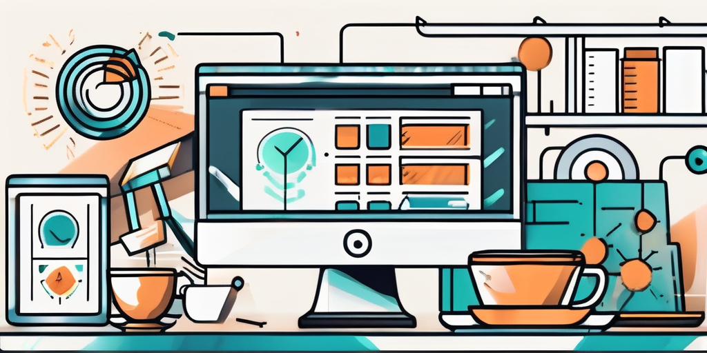 A vibrant web agency environment with elements like computers