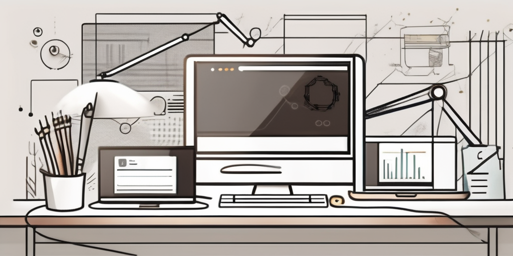 A modern digital workspace with various design tools