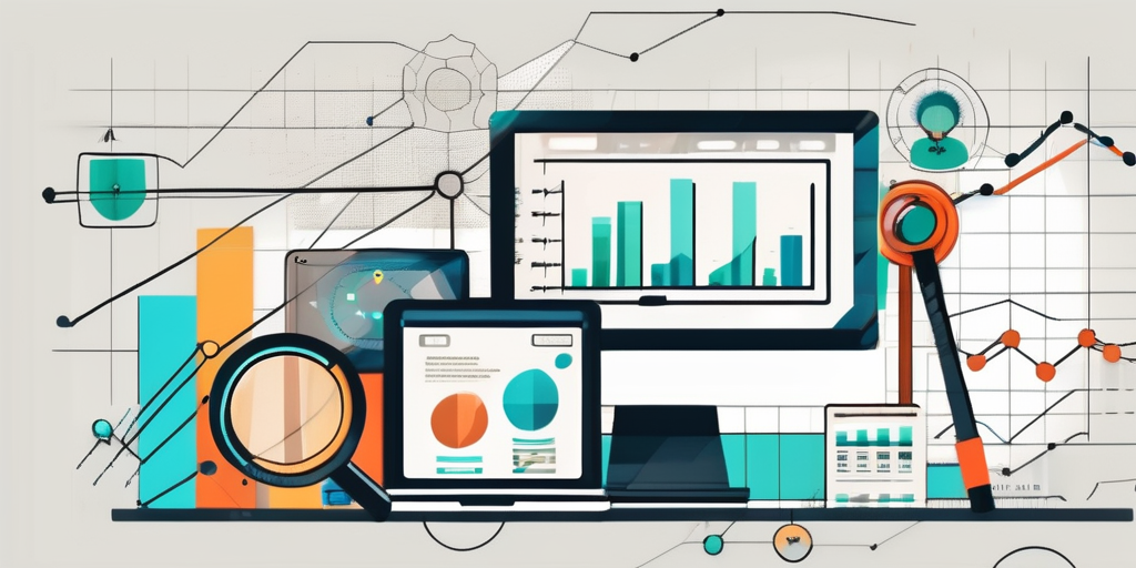 Various digital marketing tools such as a seo magnifying glass over a website