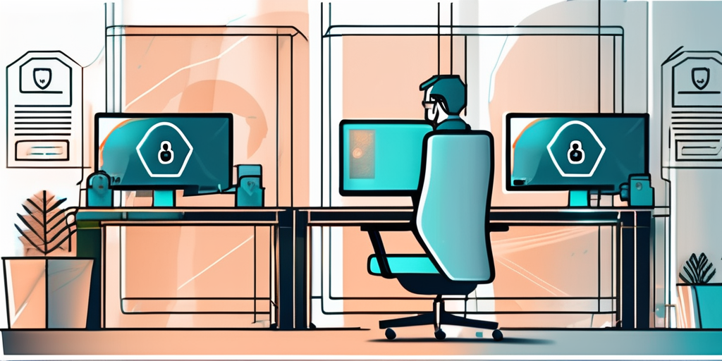 A web design agency's office with computers displaying secure lock symbols