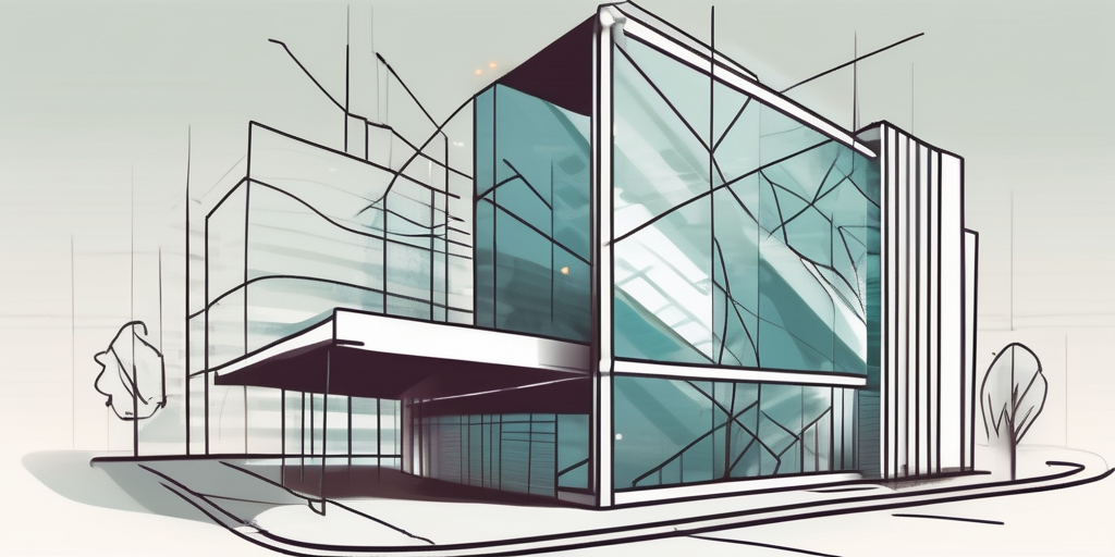 A symbolic representation of a business building being connected to a digital screen displaying a creative web design