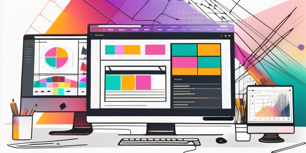 A digital workspace featuring a computer with a vibrant website design on the screen