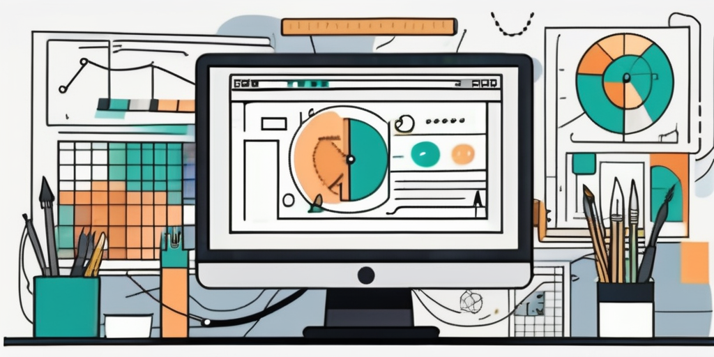 A computer screen with a complex web design layout displayed on it