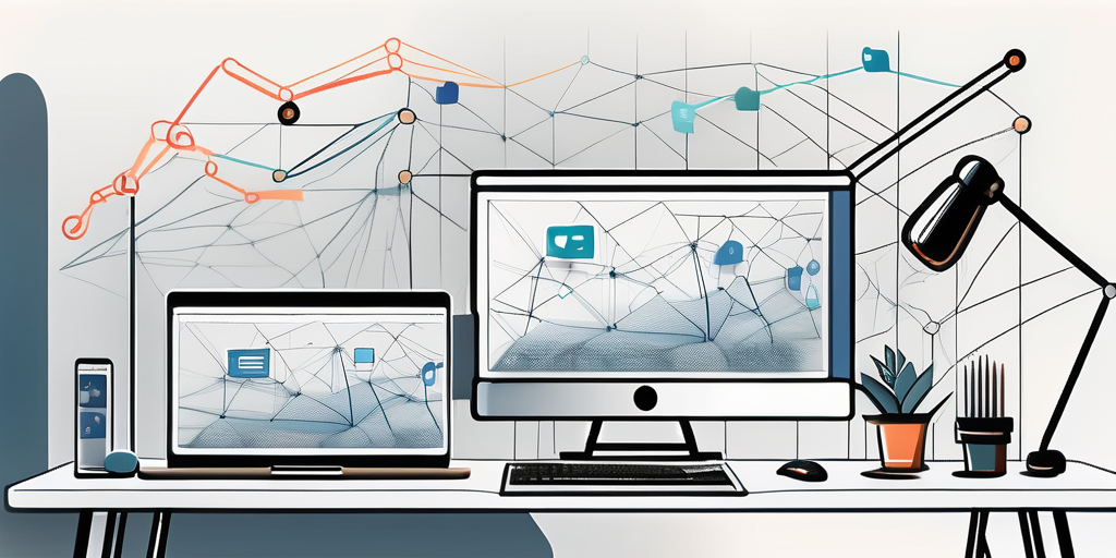 A web design agency workspace with multiple computer screens displaying various social media icons