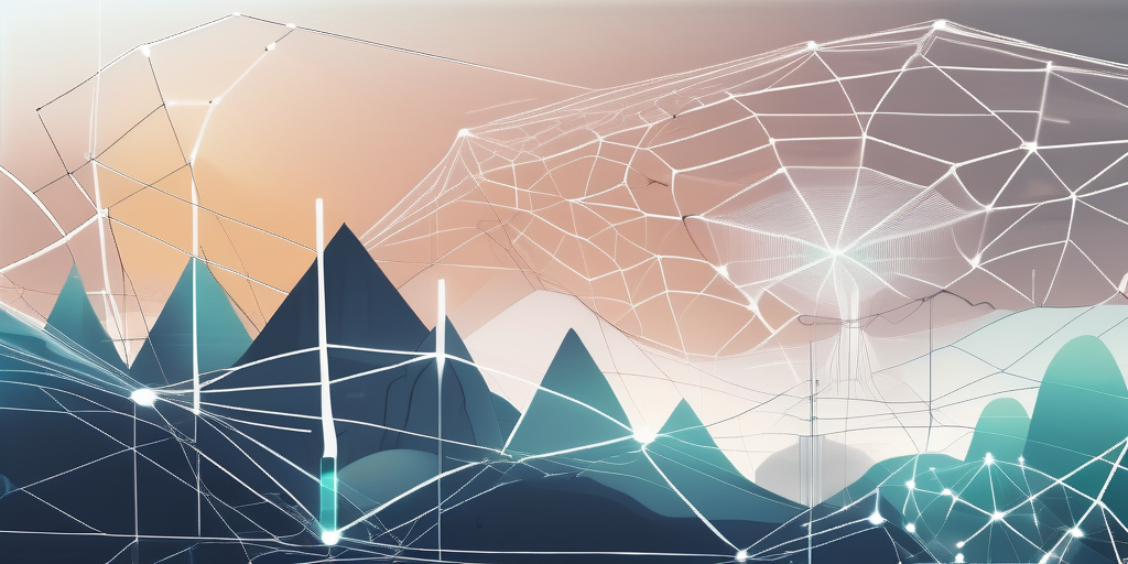 A futuristic digital landscape with various web applications represented as interconnected