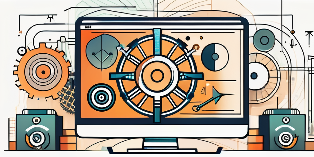A computer with gears and tools