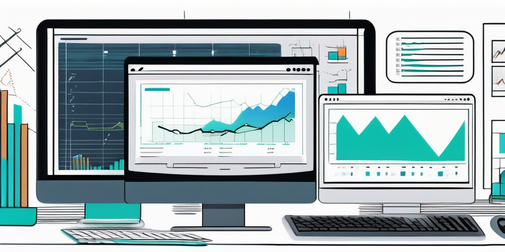 Organisierter Arbeitsplatz mit modernem Computer, mehreren Bildschirmen mit Grafiken und Code, Notizen und Tablets zur App-Entwicklung Strategieoptimierung.
