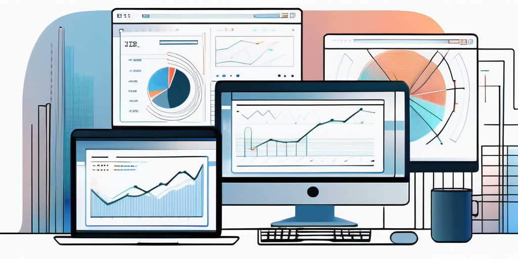 Organisierter Arbeitsplatz mit mehreren digitalen Geraeten, die Grafiken und Code anzeigen, zentraler offener Laptop, ideal fuer App-Entwicklung.