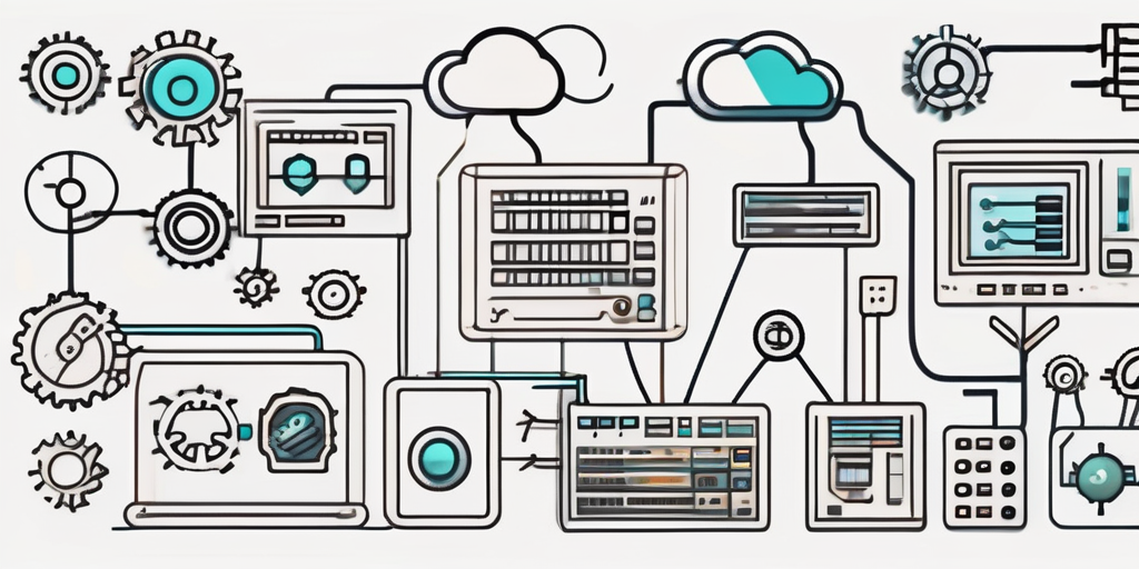 Various digital tools and symbols like coding brackets