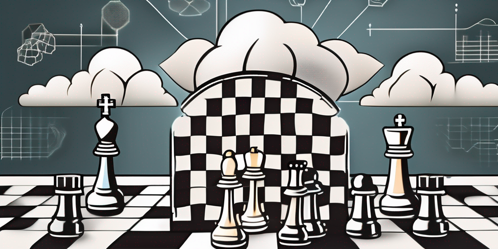 A chessboard with traditional pieces on one side and symbolic technological elements such as a cloud
