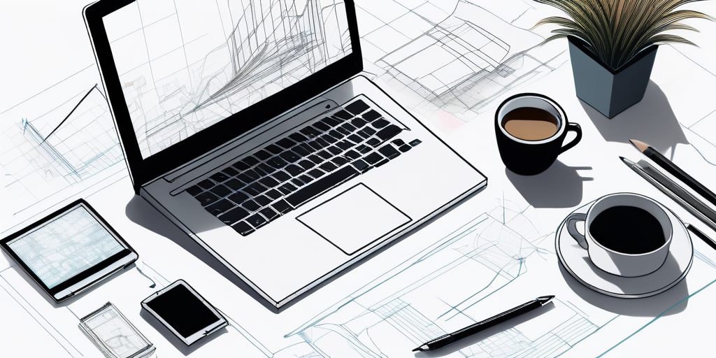 Moderner Laptop auf Schreibtisch mit Designskizzen und Kaffeetasse, weiche Beleuchtung, professioneller Arbeitsplatz fuer Webdesign.