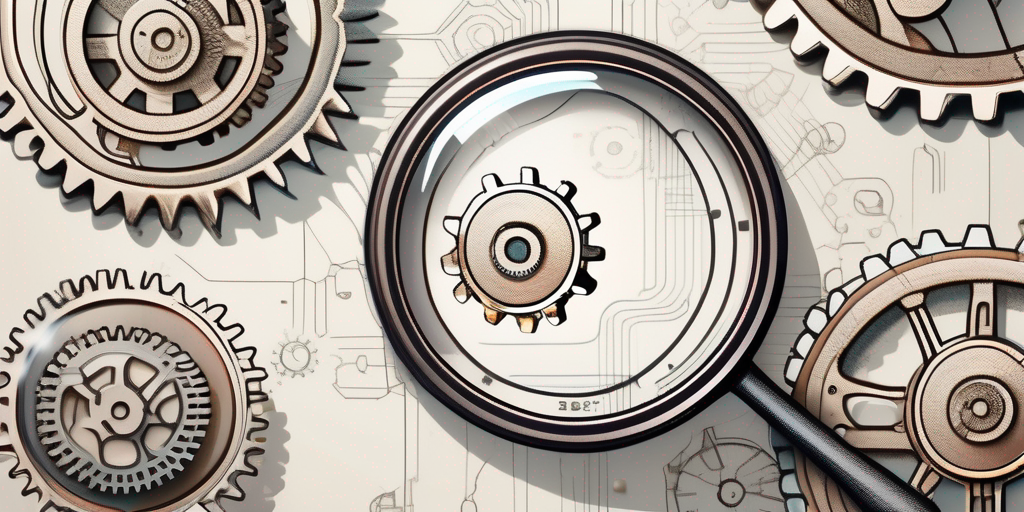 A magnifying glass revealing hidden gears and codes within a stylized 3d web icon