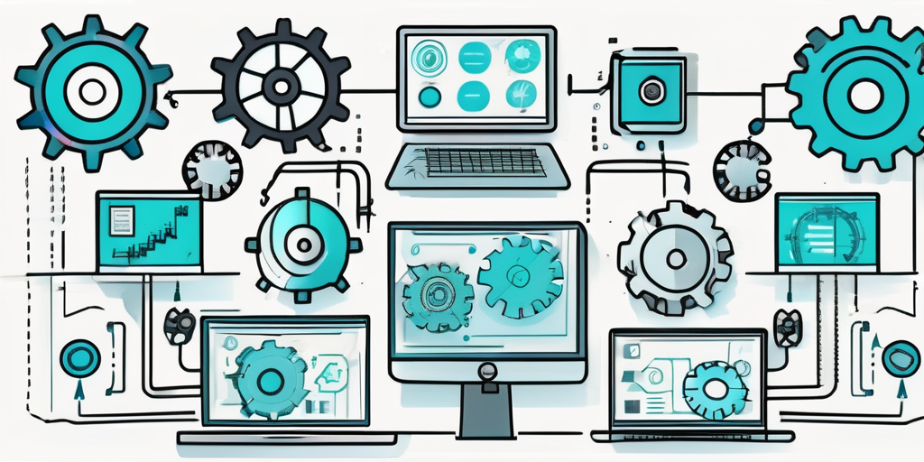 Various digital tools and symbols like gears